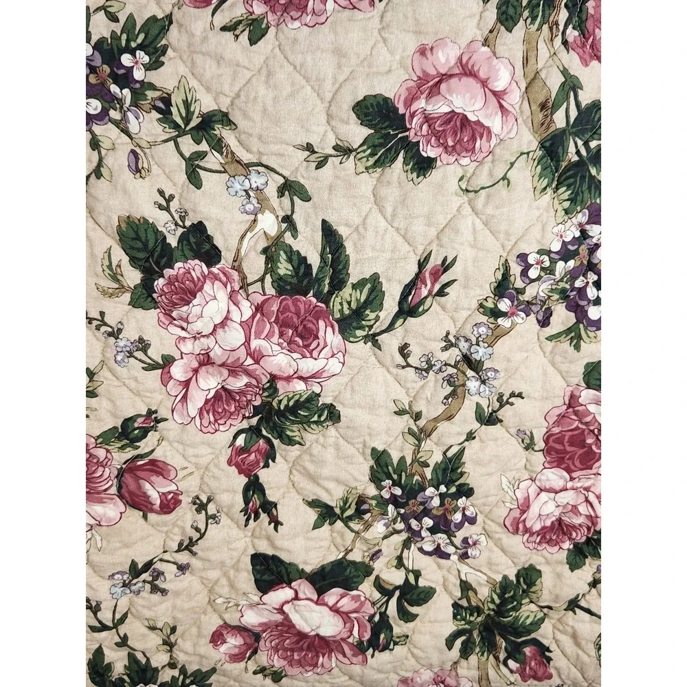 Pottery‎ Barn Euro And Standard Shams Beige Pink Floral Quilted Cotton Linen